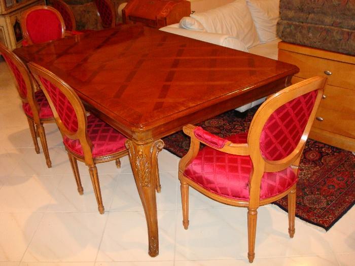 another view: beautiful marquetry in dining table with 6 chairs