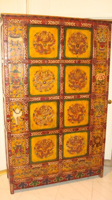 very rare tall Tibetan  cabinet 77" tall, 48" wide, 15.5" deep