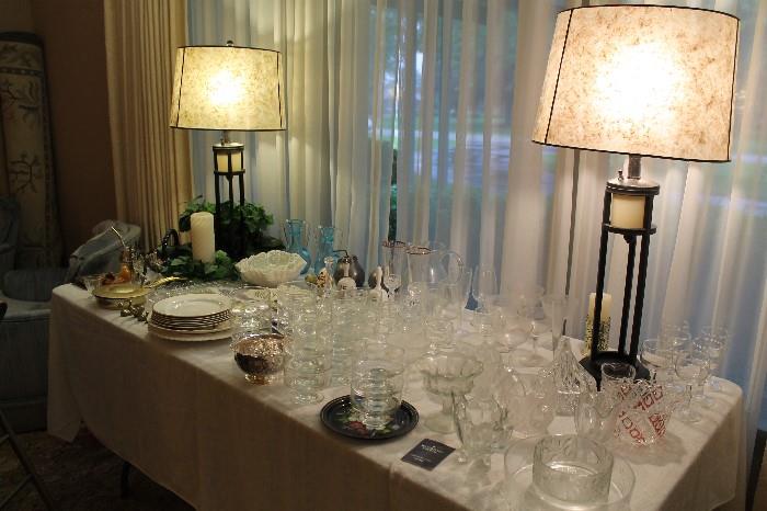 Beautiful crystal serve pieces, vases and 2 matching lamps.
