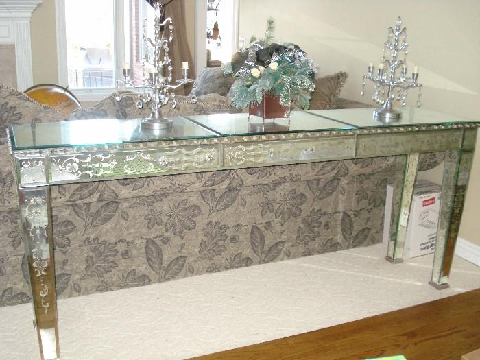 Reproduction Venetian Glass console table.  90" long.