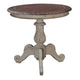 Round table with twist pedistol, gray base and light distressed top.