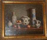 Original Vintage oil of Blue and White porcelain and other jars.