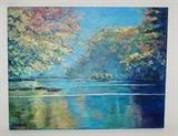 Original artwork of colorful trees and reflection on water. Signed.