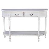 Light grey console table, solid wood.