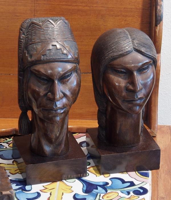 South American Indian Man and Woman Indigenous Carved Wood Busts - 390.00
