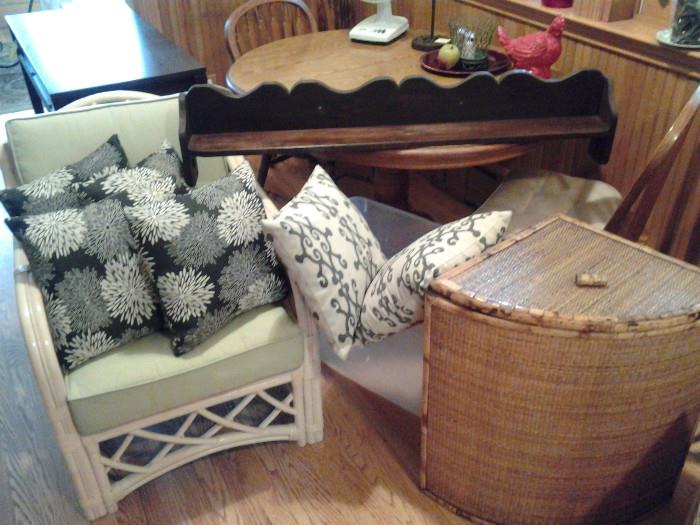 GORGEOUS RATTAN CHAIR, SEVERAL WICKER LAUNDRY BASKETS, BEAUTIFUL OUTDOOR/INDOOR THROW PILLOWS, SEVERAL WOOD HANGING SHELVES & SOOOO MUCH MORE!