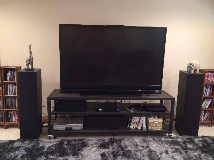 65" Mitsubishi DLP TV, Klipsh 6 piece surround sound speaker system, large metal stand, Wii game system