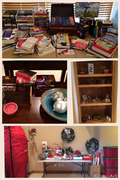 Large pre-lit Christmas tree with storage bag, decorations, books, movies, collectibles