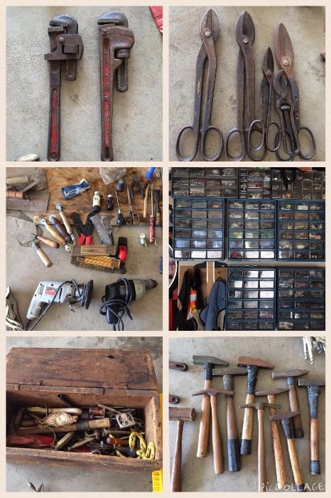 TONS of tools - vintage and new. Sheet metal tools, hammers, steel tin snips, wrenches, screwdrivers, nails, screws, etc.