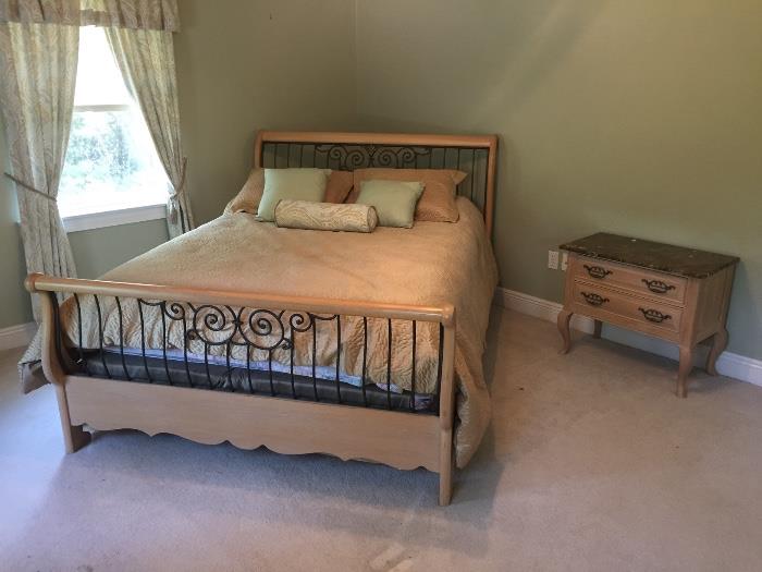 This bedroom suite is great quality! Queen size bed (mattress not for sale) with matching side table with marble top, vanity with stool, and large dresser. 
