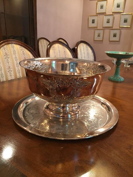 Large silver-plate punchbowl and matching tray.