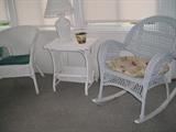 wicker chair, table, rocker