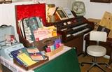 Vintage Hermes 3000 Typewriter in Case Camerano Accordion in Case Sheet Music Books Deco Table Fan Oscar Schmidt 12 Chord Auto Harp Retro Industrial Secretary Desk Chair on Casters Kimball The Entertainer Electric Organ with Bench Ephemera Diary Diaries