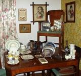 Antique Hand Colored Engravings Tramp Art Frame Oil Paintings Motto Art 1930's Deco Style Dining Room Set Table Chairs with Leaf and Pads Vernon California China Dinnerware Hotel Silver Royal Hawaiian Lafayette Silver Plate Serving Pieces Pitcher Butter Dish Tidbit Tray Trays Sheffield Slag Glass Decanter Creamer Sugar Bowl NOS Vintage Place Card Set Sets