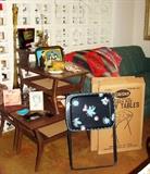 Vintage 1950's Mid Century Sofabed Couch Sofa Indian Blanket Tiered End Table Coffee Table Art Glass Blenko Advertising Ashtray Bar Ware Cocktail Book Books NOS Cal-Dak TV Tray Tables Trays in Boxes Pink Aqua Turquoise Black