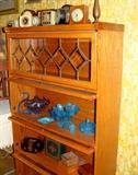 Vintage Oak Barrister Lawyers Bookcase Curio Display Cabinet Leaded Glass Front Art Blue Glass Fenton Indiana Hobnail Covered Candy Compote