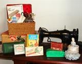 Vintage Singer Sewing Machine in Cabinet Accessories in Boxes Pin Cushions Sewing Box Books Patterns