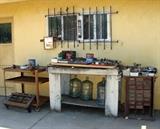 Vintage Industrial Metal Cart Casters Wood Workbench Storage Drawers Tools Rusty Cast Iron Radiator Car Parts