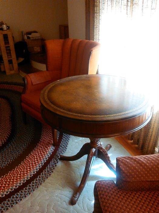 Leather top parlor table, claw feet