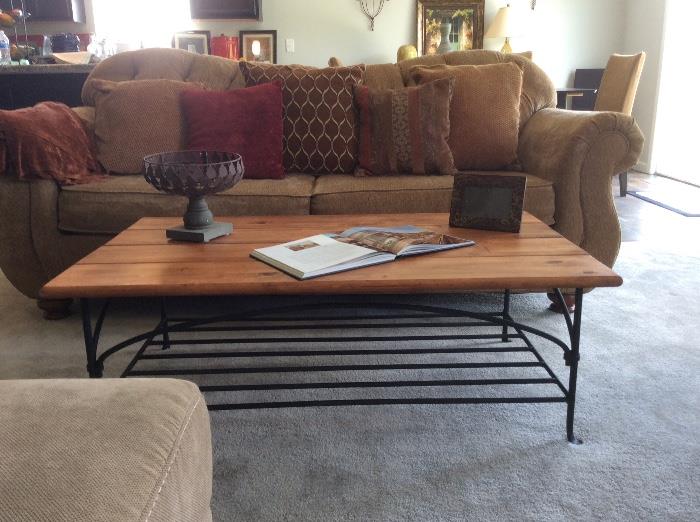 Great distressed coffee table with iron base.