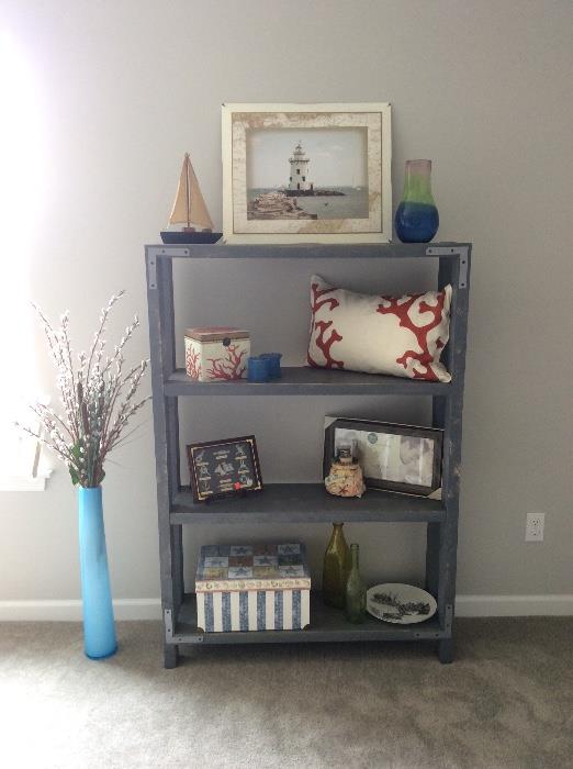 Gray stained shelving.
