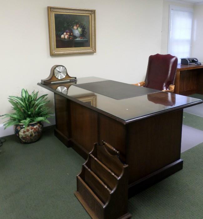 Large executive desk with glass top & leather executive chair