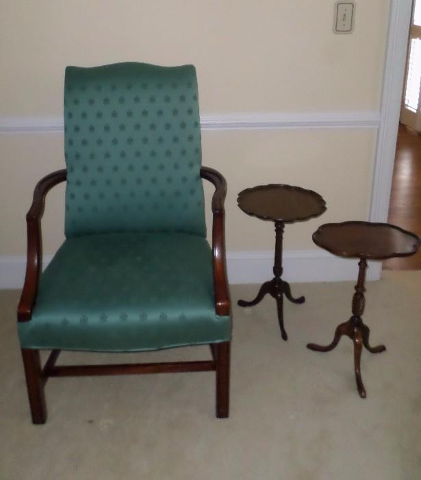 nice upholstered chair & two vintage small tables