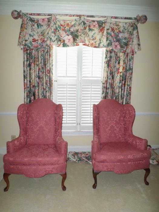 Pair of Queen Ann Chairs and the custom Drapes