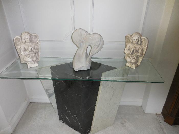 Contemporary Marble Dimensional Occasional Table with 3/4 Thick Glass Top.