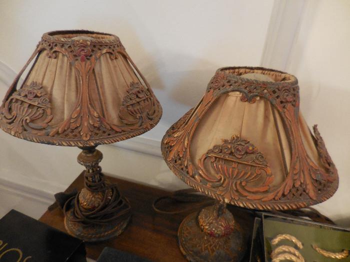 Vintage and Gorgeous. Silk Lined Shades, Ornate Metal. Hand Painted Enamel Base