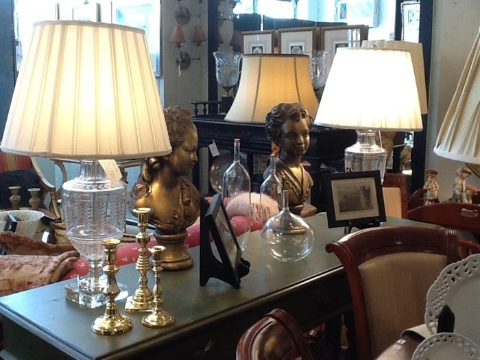 Glass etched lamps, gold candlesticks, antique gold head busts, handblown decanters