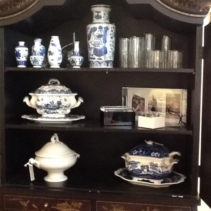 Assortment blue and white vases, tureens and handblown glassware