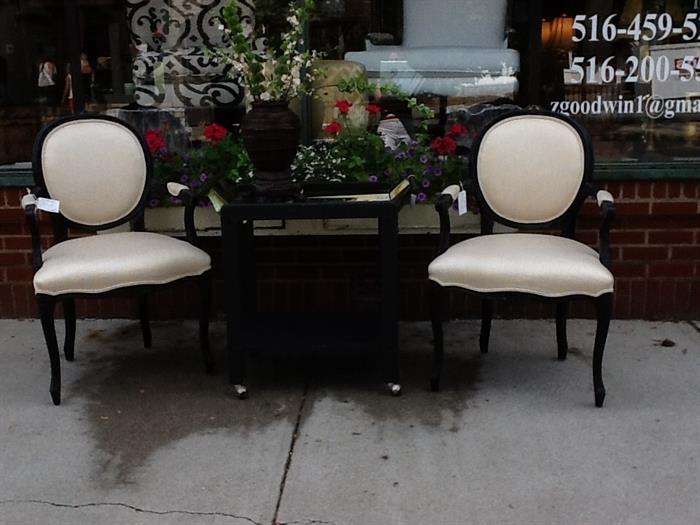 Pair of black upholstered French armchairs, hand-painted barcart