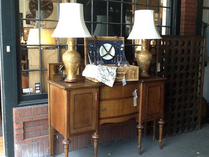  Bronze patina urn lamps with shades.    Picnic basket SOLD.  Buffet SOLD