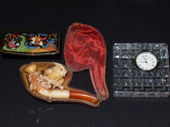 MEERSCHAUM pipe, WATERFORD clock, Russian lacquerware
