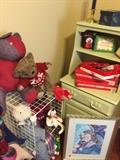 Small side chest , painted  stuffed animals, framed artwork from local artist