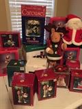 Boxed christmas items,  decorator santa , and more stuffed toys