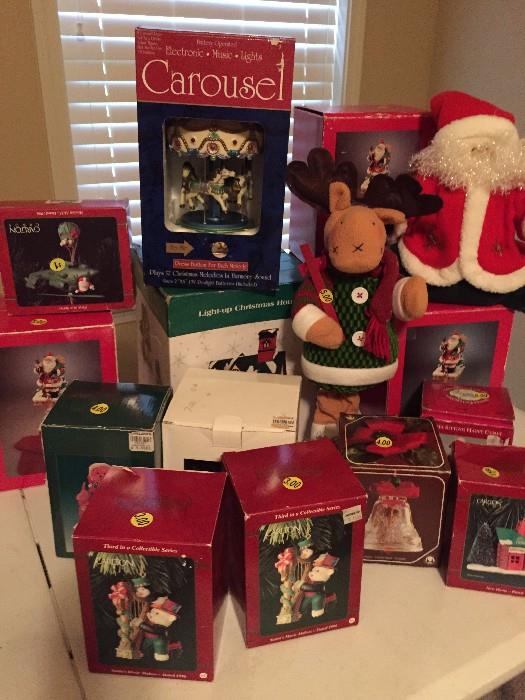 Boxed christmas items,  decorator santa , and more stuffed toys