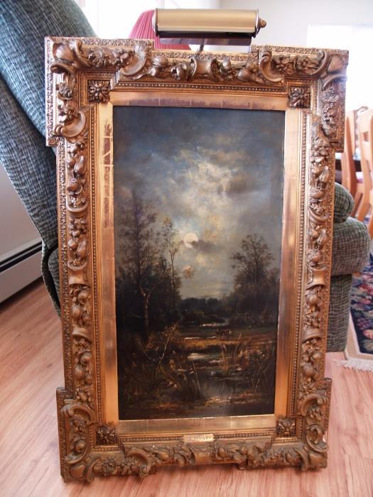 Oil- R Ducat- Reindeer - gorgeous gold frame with light 