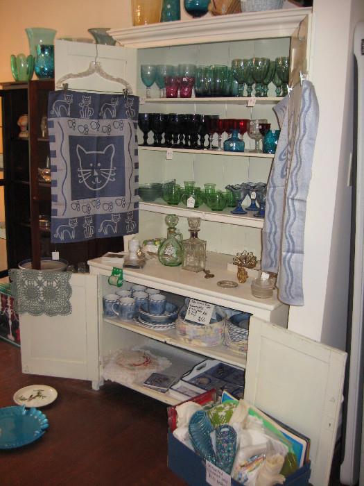Really fun white painted cupboard   Several sets of colored glassware some depression era or older 