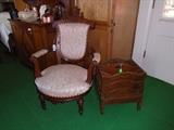 Late 1800's victorian chair.  Magazine rack with bottom drawer