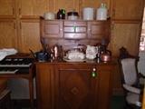 Old kitchen cupboard,  copper items and crocks