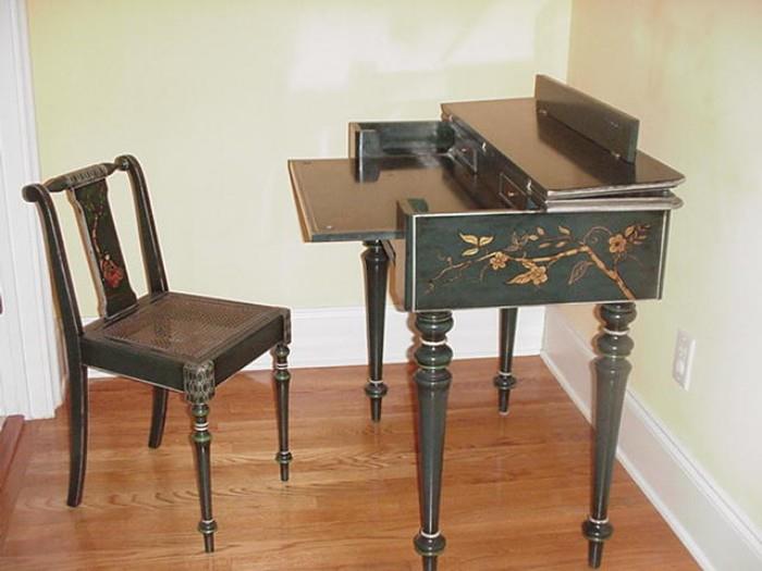 Antique desk with recessed writing  table and matching  chair with cane seat