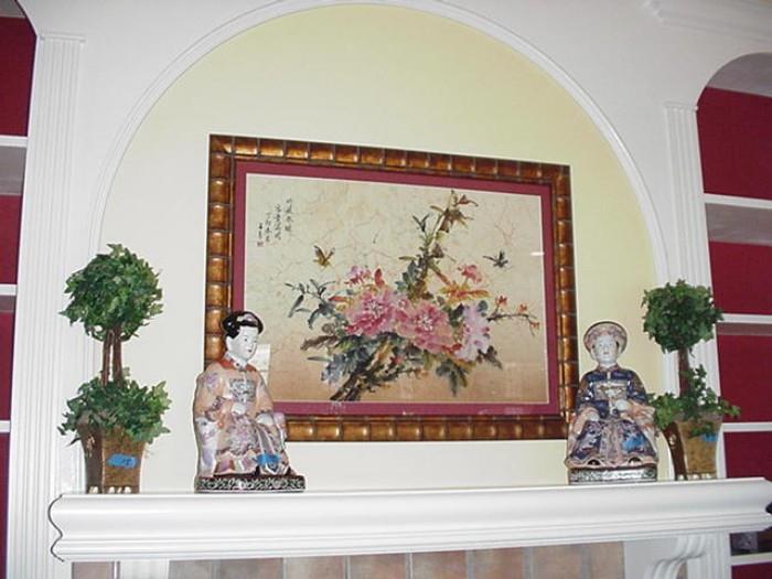 Oriental art work, topiaries, figurines