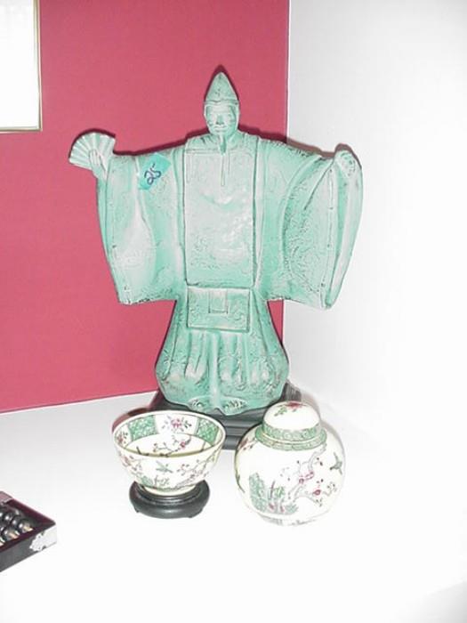 Metal figurine, ginger jar and bowl