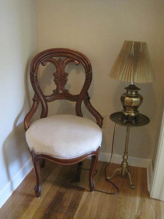 Victorian chair, brass stand and brass lamp