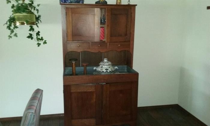 cherry step-back cabinet on zinc drysink has been refinished but has a great look and is very functional