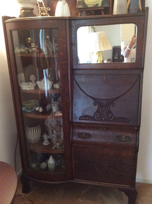 Wonderful antique oak drop front secretary with curved glass - in original finish