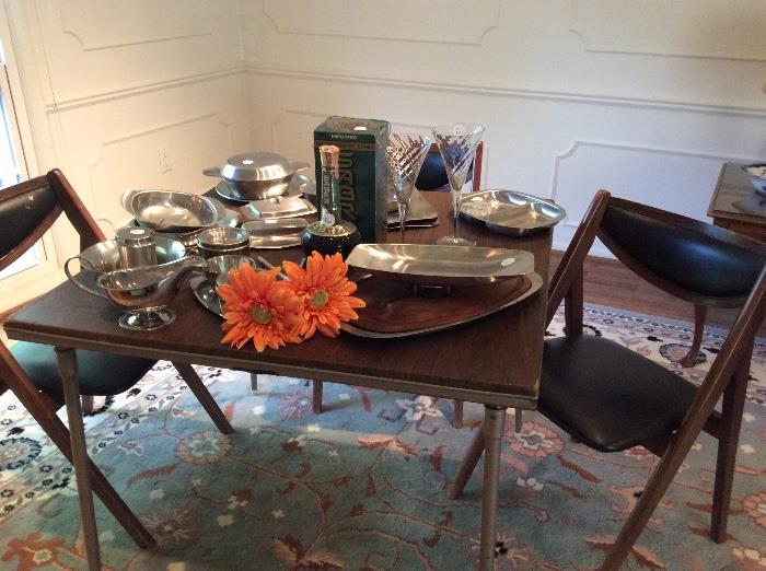 Vintage card table and Stakmore chairs, MCM stainless