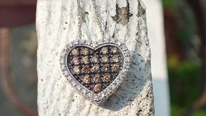 Chocolate Diamond and Diamond Heart Pendant and Necklace